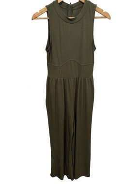 Cider Olive Green Sleeveless Ribbed Knit Wide Leg Jumpsuit Small